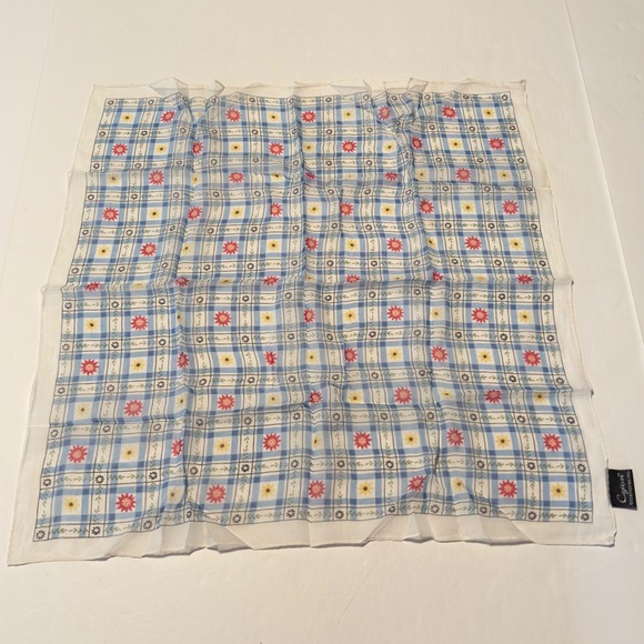 Cejon Accessories Accessories - Cejon Accessories Blue Plaid Floral Silk Square Scarf Necktie Bandana Vintage